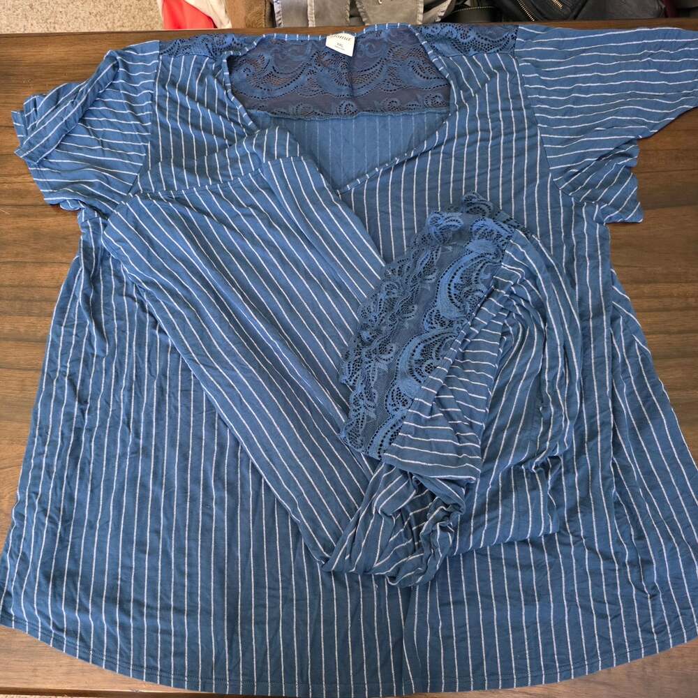 Soma Blue and White Striped Lace Trim Pajama Set XXL